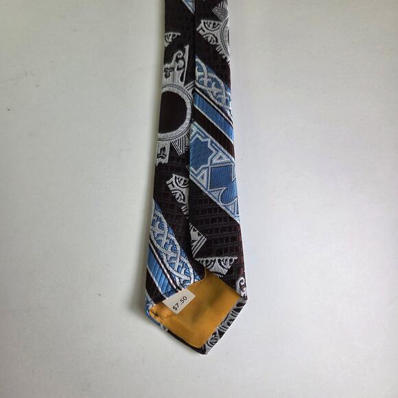 Oscar de la Renta Brown Blue Geometric Tie 4" Wide Vintage Polyester - Picture 6 of 7